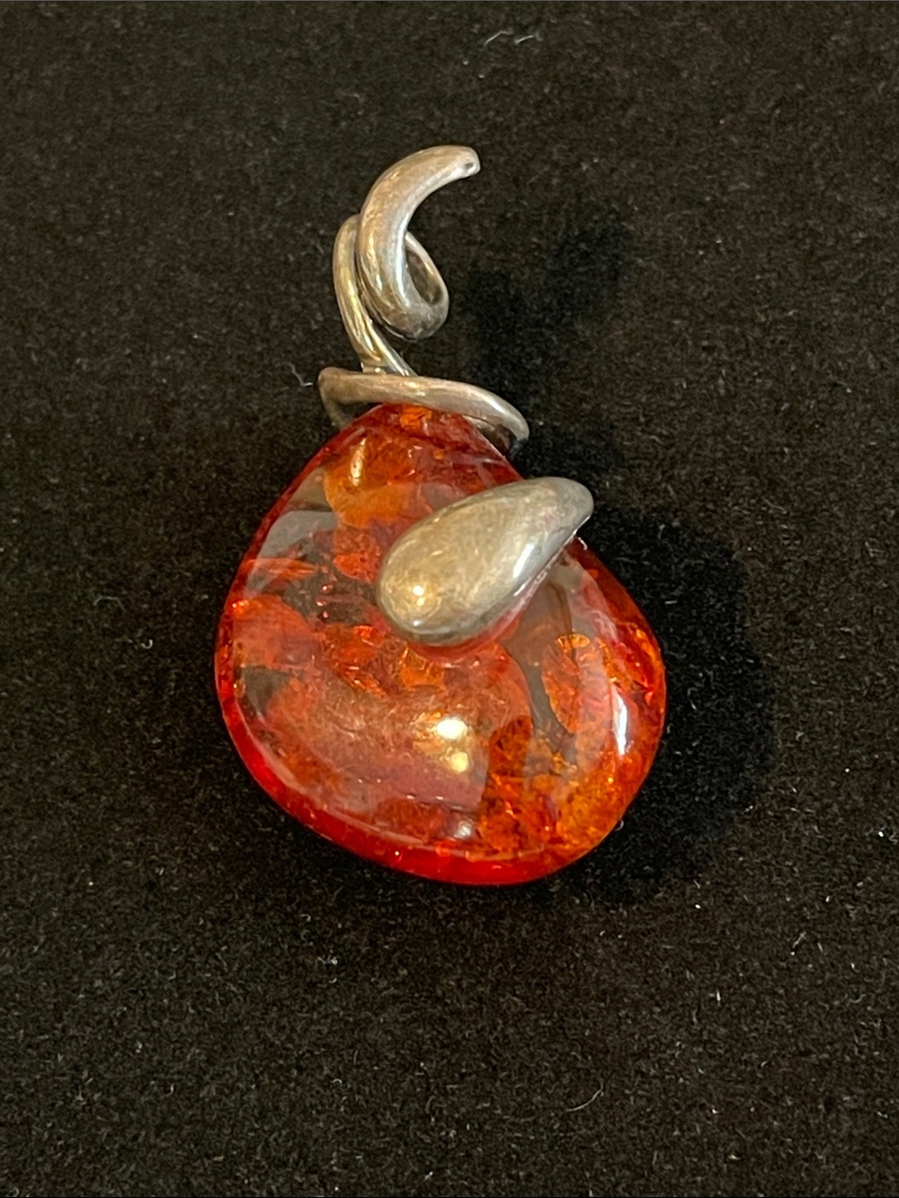 Amber Teardrop Pendant Necklace - Orange Glass & Sterling Silver Accent